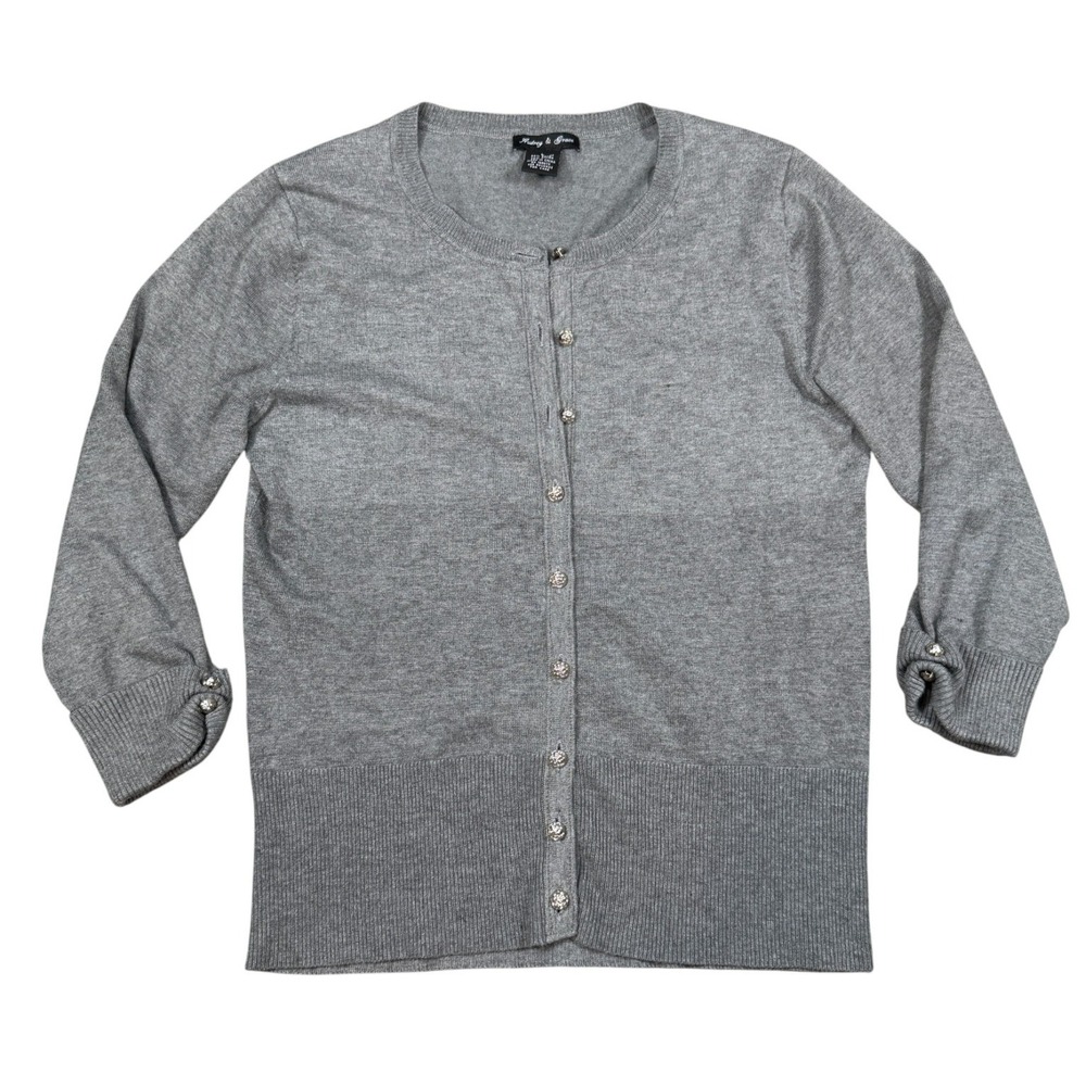 Audrey & Grace Women Gray Cardigan Large 3/4 Sleeve Flower Rose Button Detail